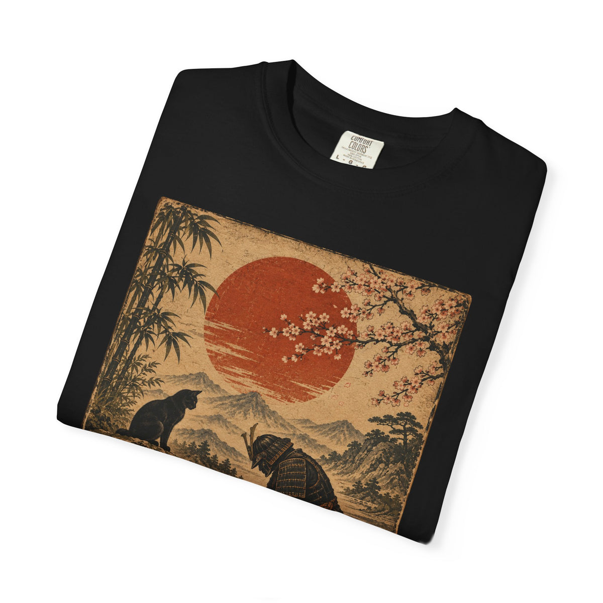 Vintage Japanese-Inspired Samurai & Black Cat Shirt Graphic Tee