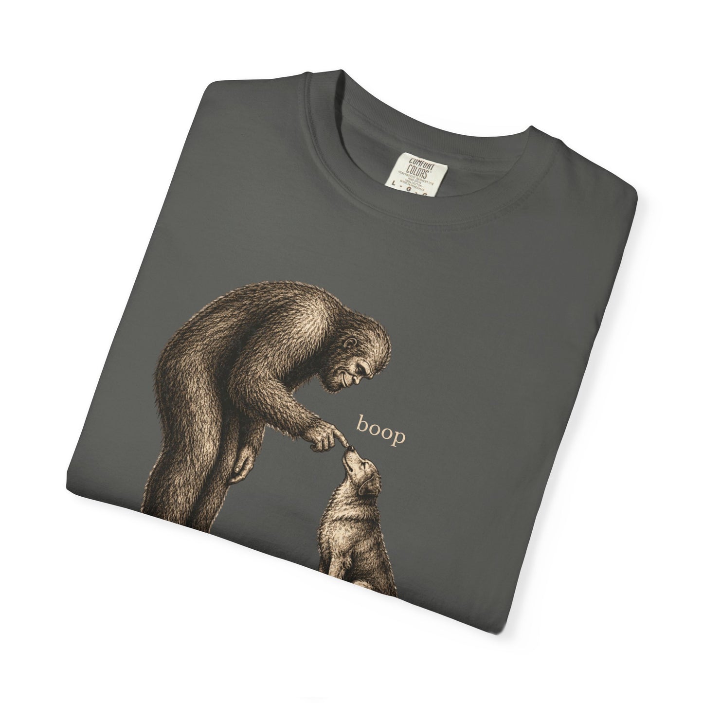 Bigfoot Booping Dog T-Shirt — Funny Sasquatch Tee for Dog Lovers