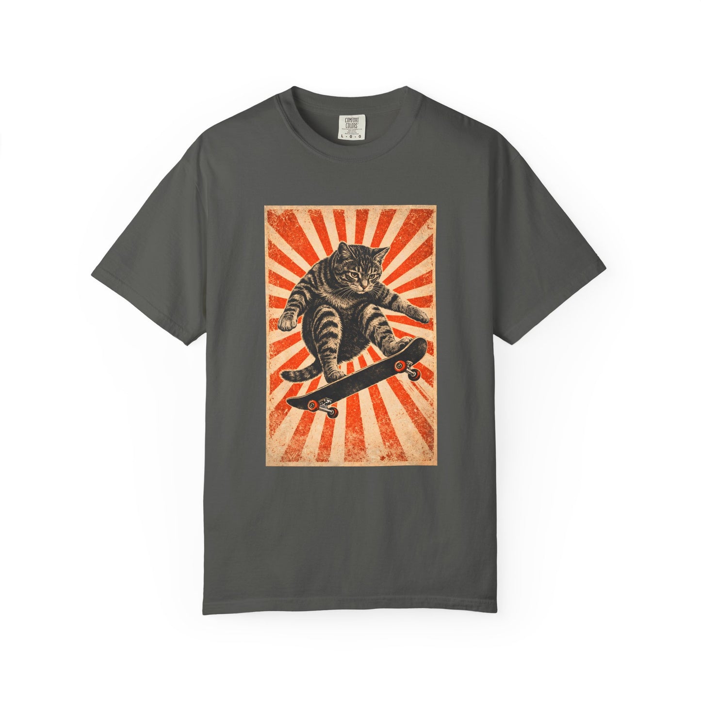 Skateboarding Cat Graphic T-Shirt | Retro Sunburst Skateboard Tee
