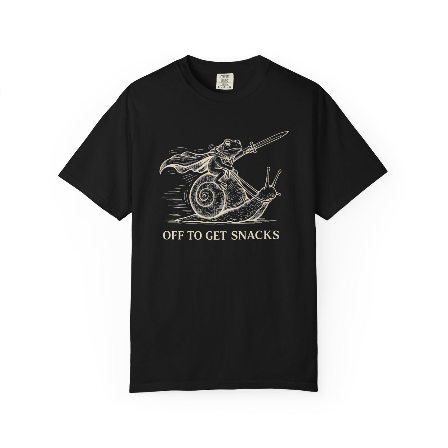 Frog Knight Riding Snail T-Shirt — "OFF TO GET SNACKS"