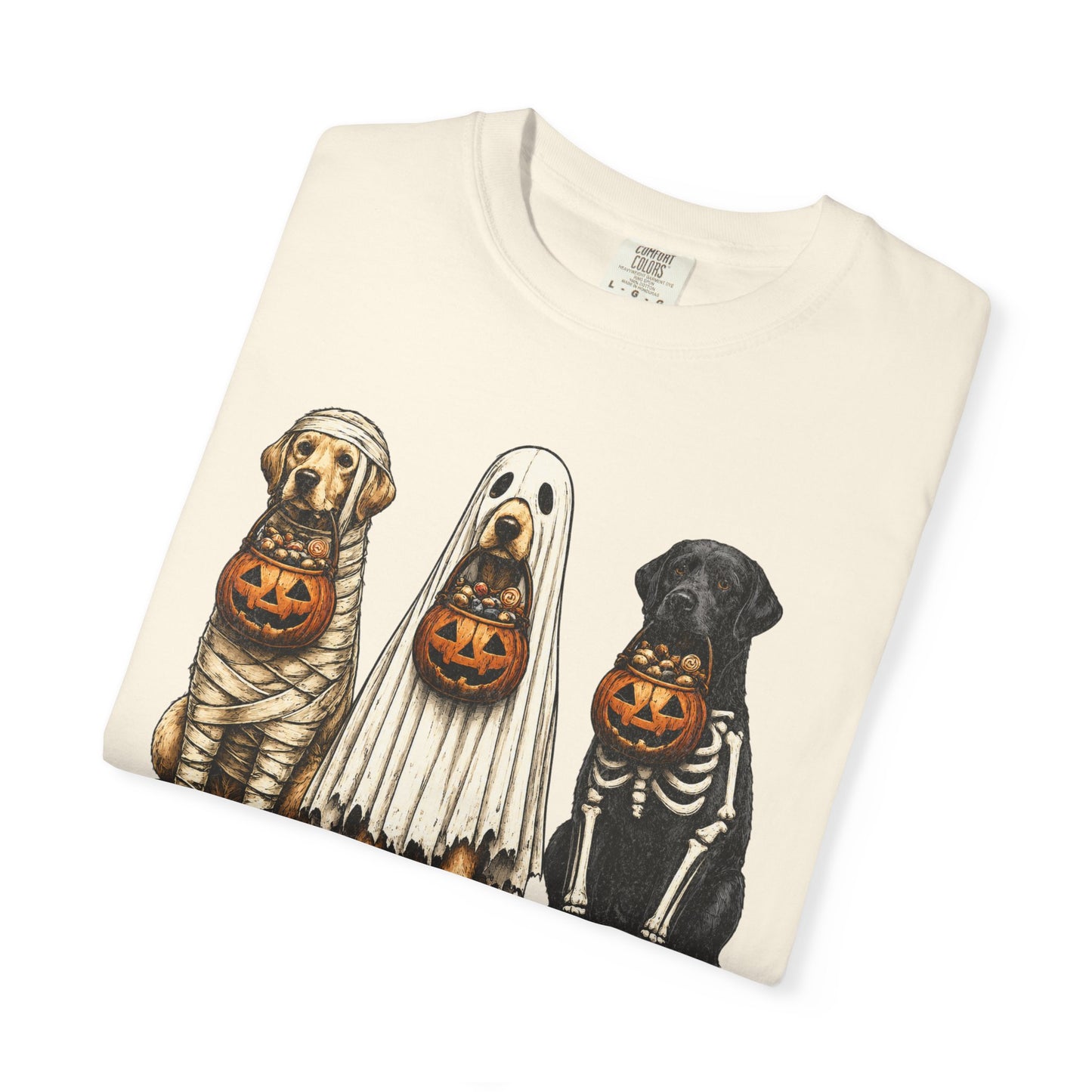 Halloween Dogs T-Shirt — Puppies in Costumes with Jack-O'-Lantern Candy Buckets