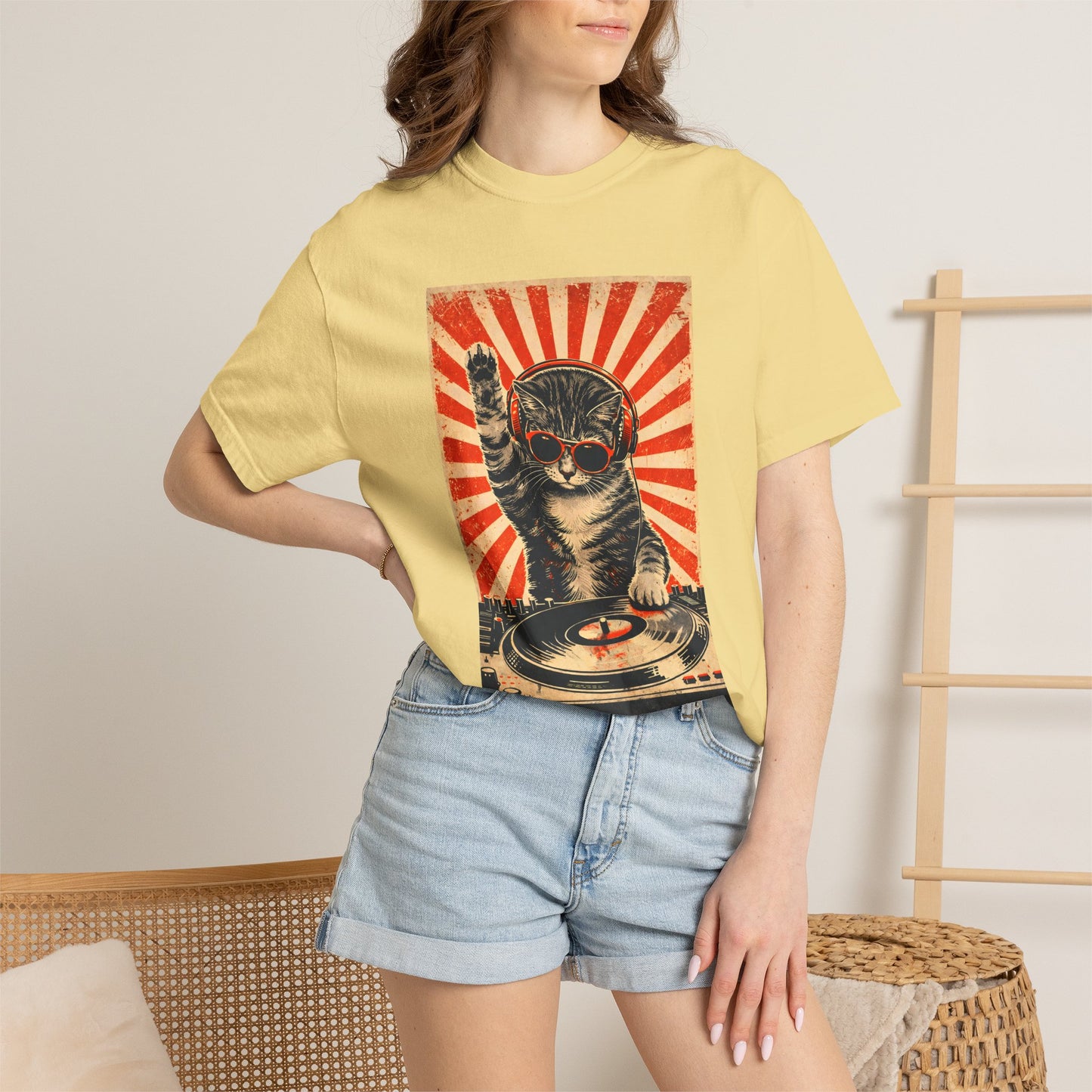 Retro DJ Cat T-Shirt — Vintage Sunburst Distressed Poster Design