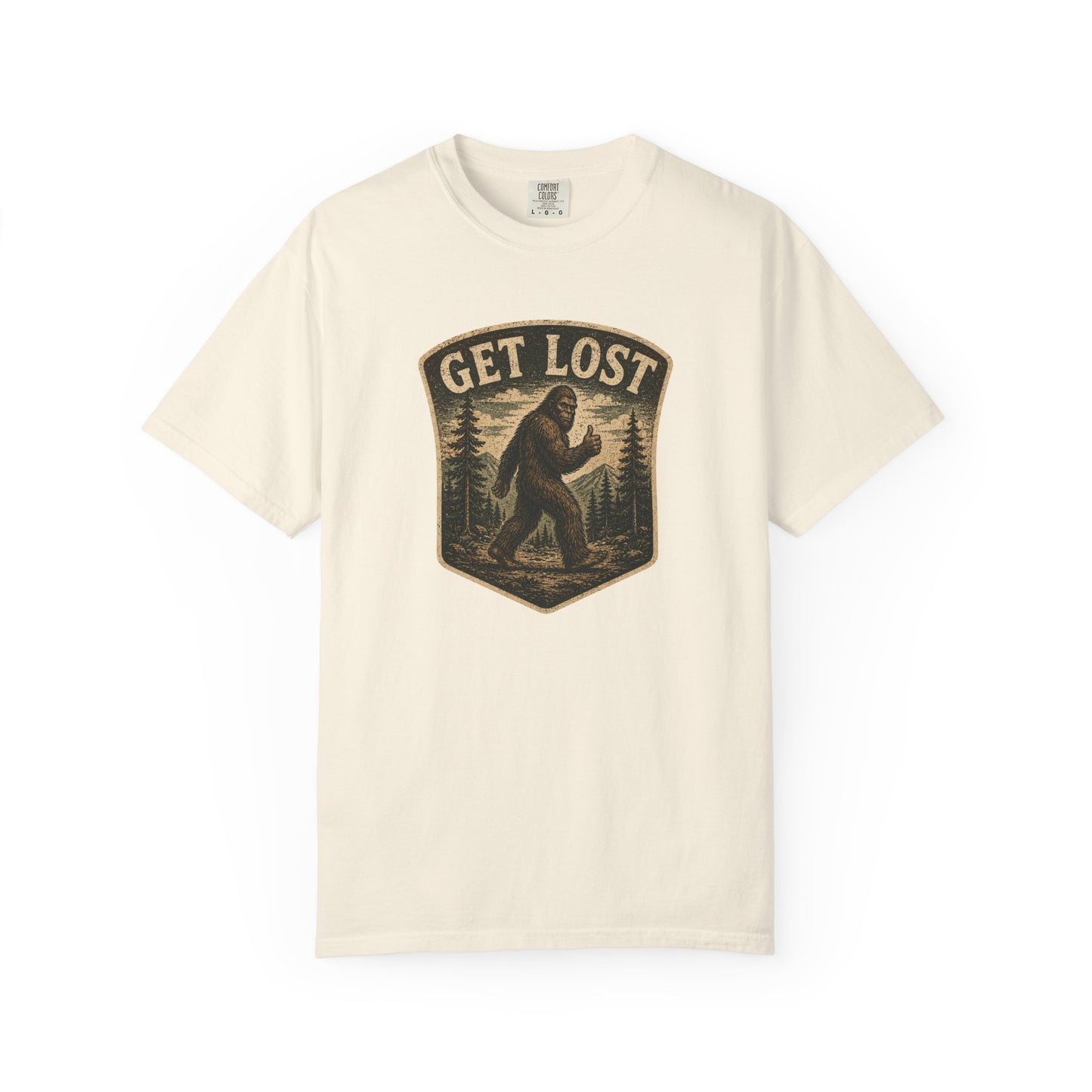 GET LOST Bigfoot Vintage Badge T-shirt — Retro Camping & Hiking Tee