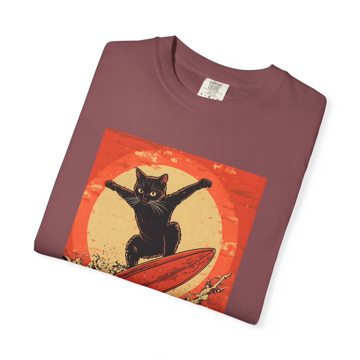 Retro Black Cat Surfing T-Shirt — Vintage Surf Poster Tee