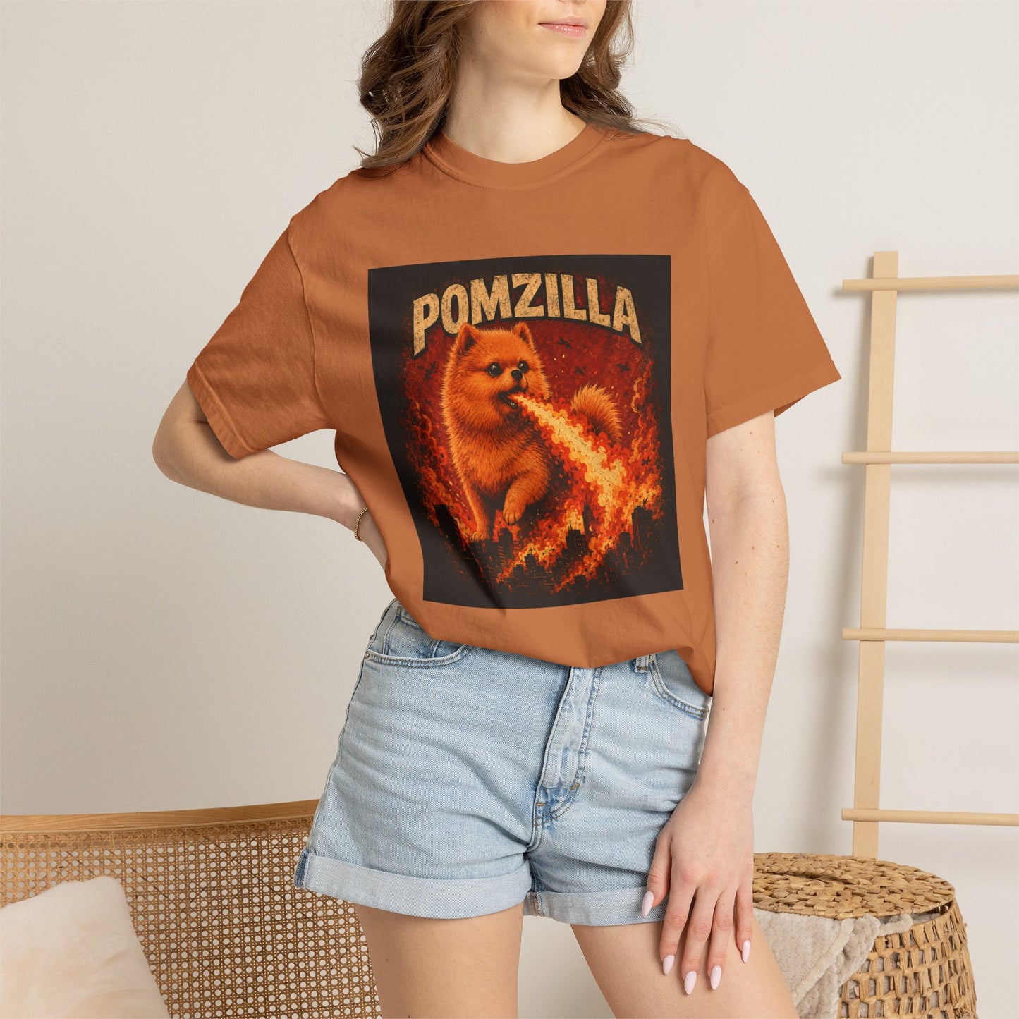 Pomzilla Funny Pomeranian Monster T-Shirt | Retro Kaiju Dog Graphic Tee | Vintage Fire-Breathing Pom Shirt