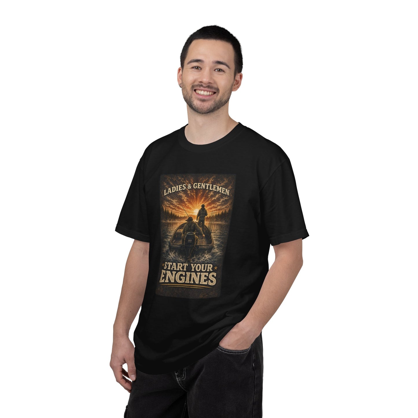 Fishing T-Shirt — "Ladies and Gentlemen, Start Your Engines" Retro Racing Boat Design
