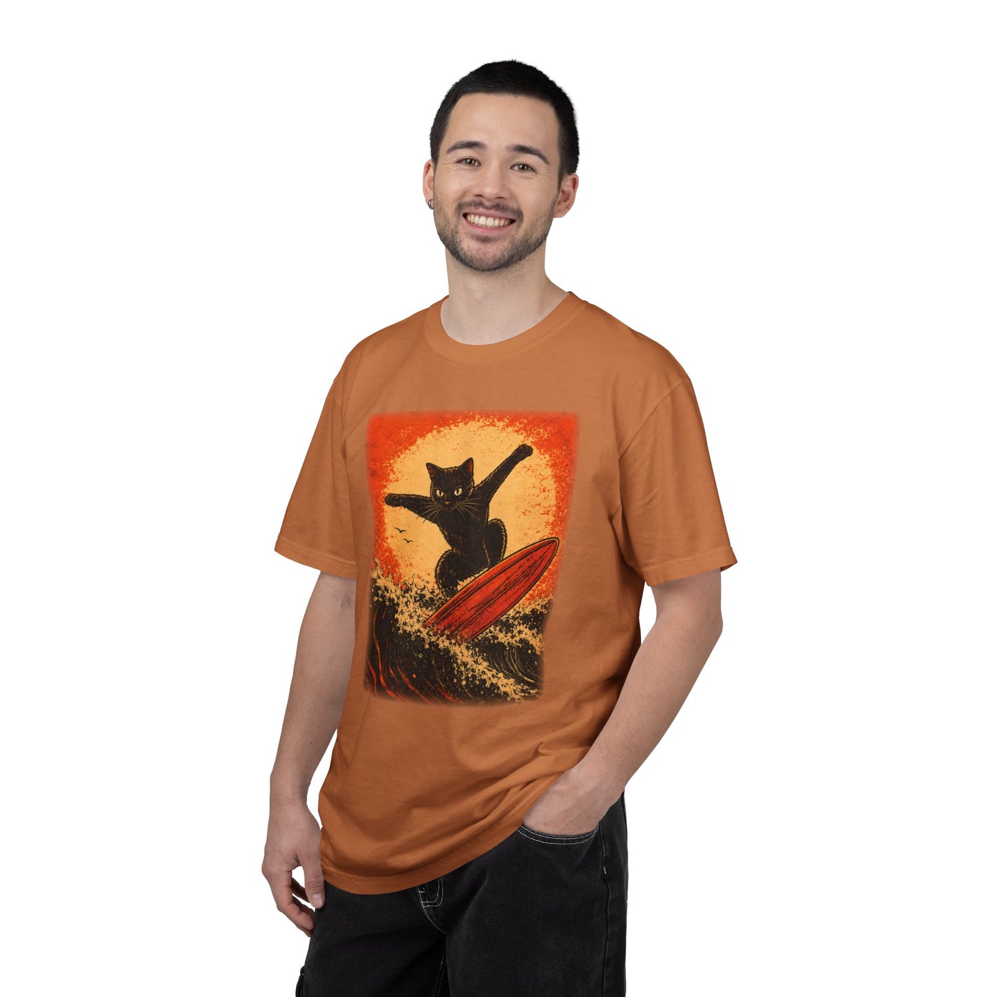 Retro Black Cat Surfing T-Shirt — Vintage Surf Poster Tee