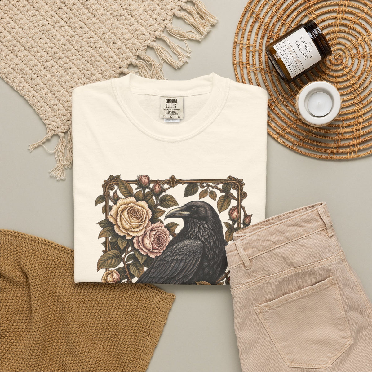 Raven & Roses Graphic T‑Shirt — Gothic Floral Botanical Vintage Tee