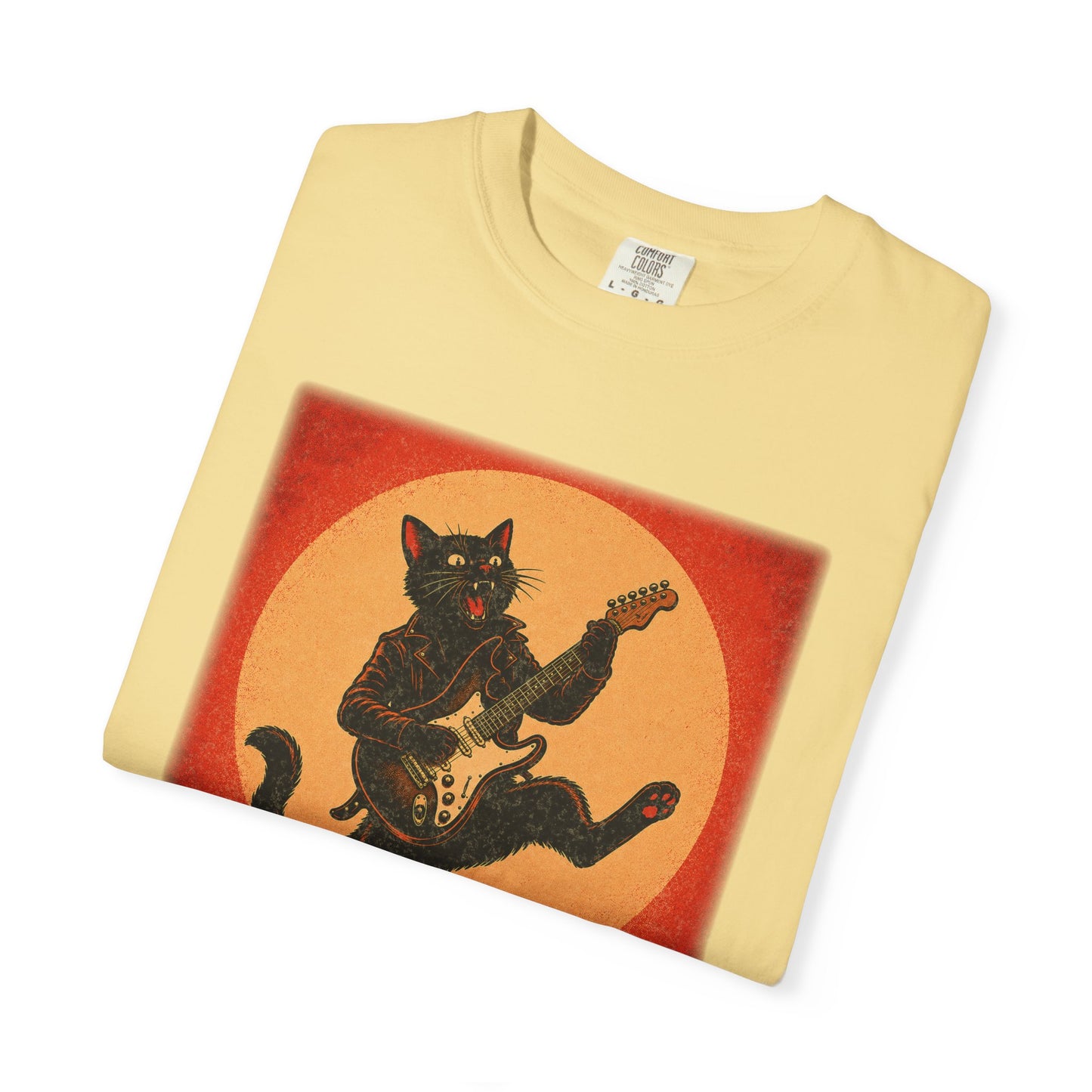 Retro Distressed Black Cat Rocker T-Shirt — Jumping Guitar Vintage Tee
