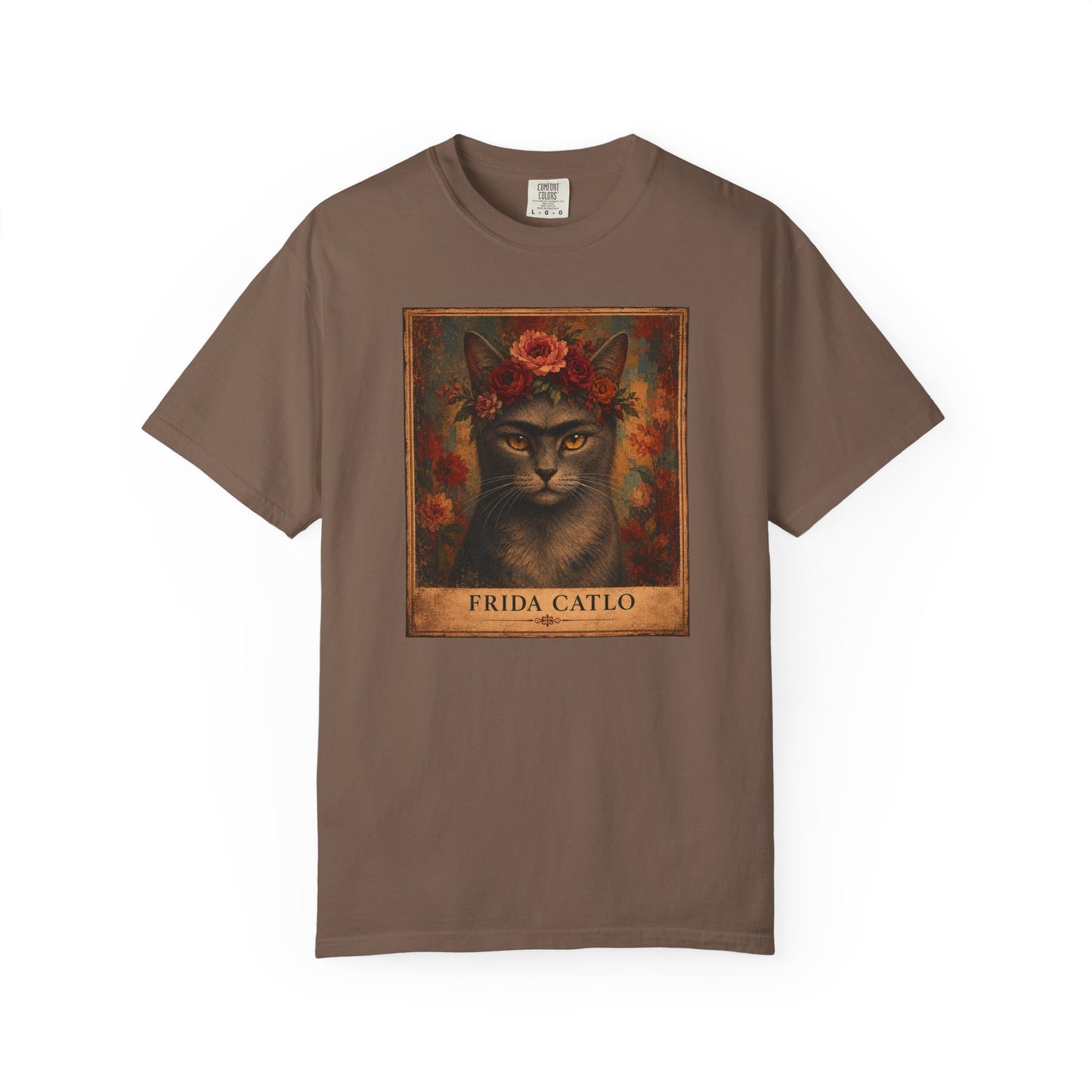 Frida Catlo Art Parody T-Shirt — Funny Frida Kahlo Cat with Flower Crown