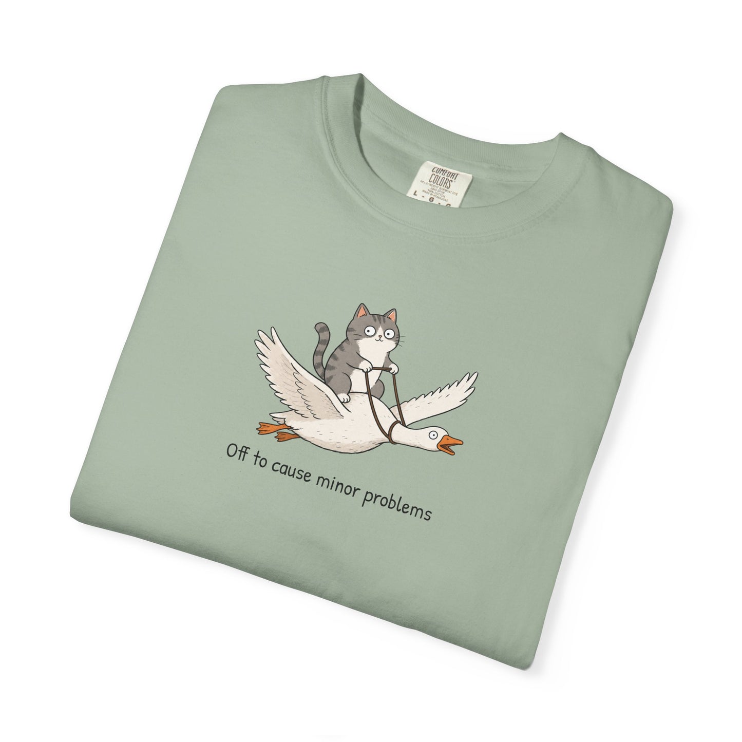 Off to Cause Minor Problems Shirt | Funny Cat Riding Goose Graphic Tee | Cute Comfort Colors® T-Shirt