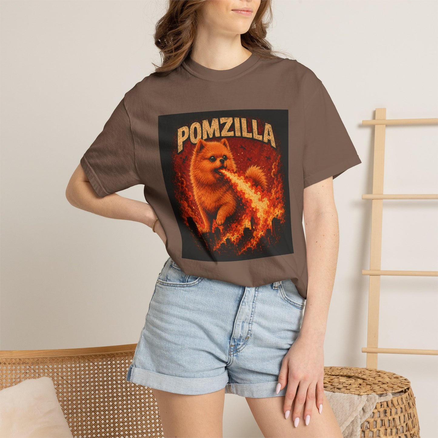 Pomzilla Funny Pomeranian Monster T-Shirt | Retro Kaiju Dog Graphic Tee | Vintage Fire-Breathing Pom Shirt