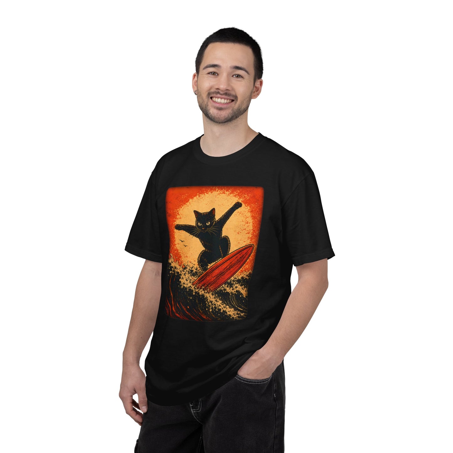 Retro Black Cat Surfing T-Shirt — Vintage Surf Poster Tee