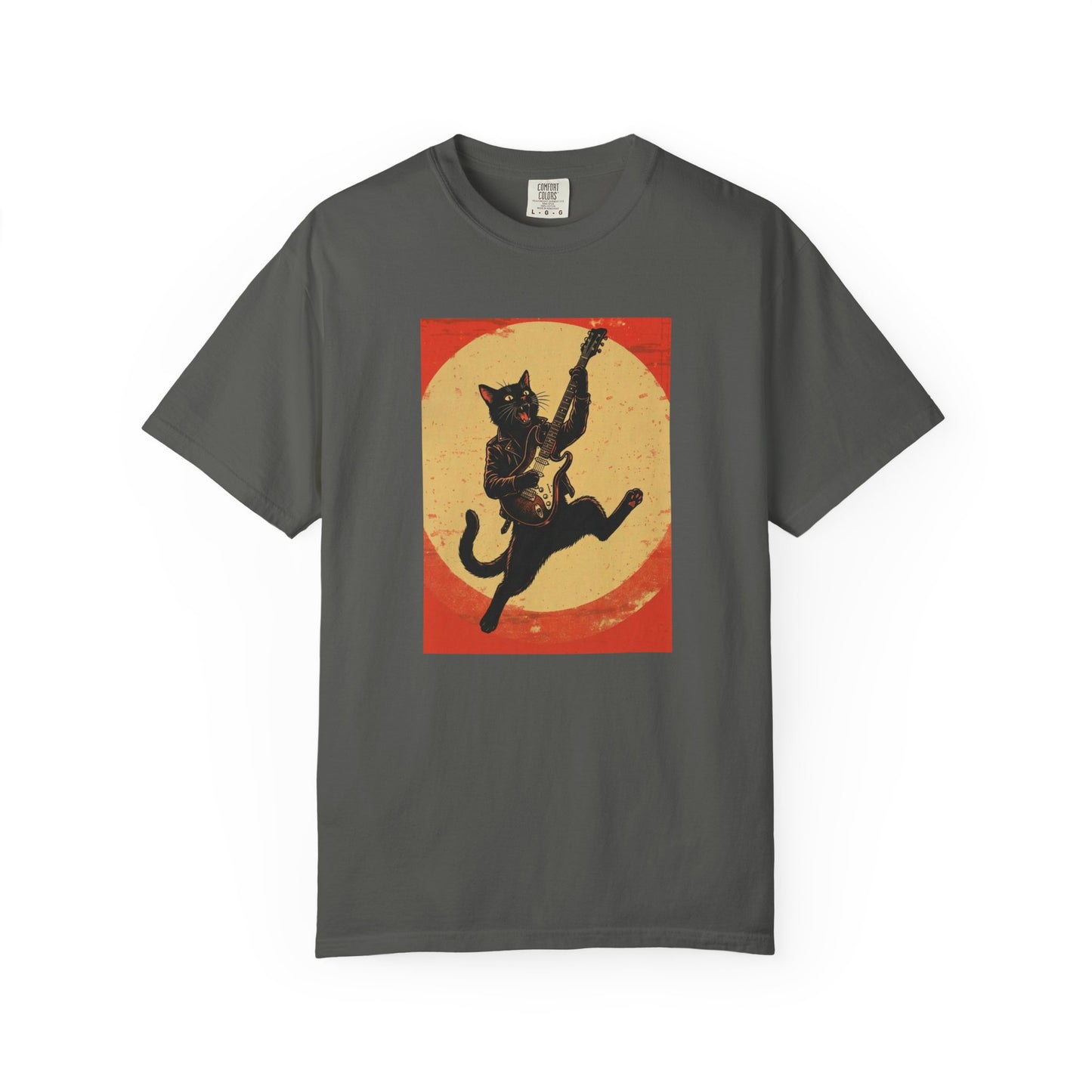 Retro Distressed Black Cat Rocker T-Shirt — Jumping Guitar Vintage Tee