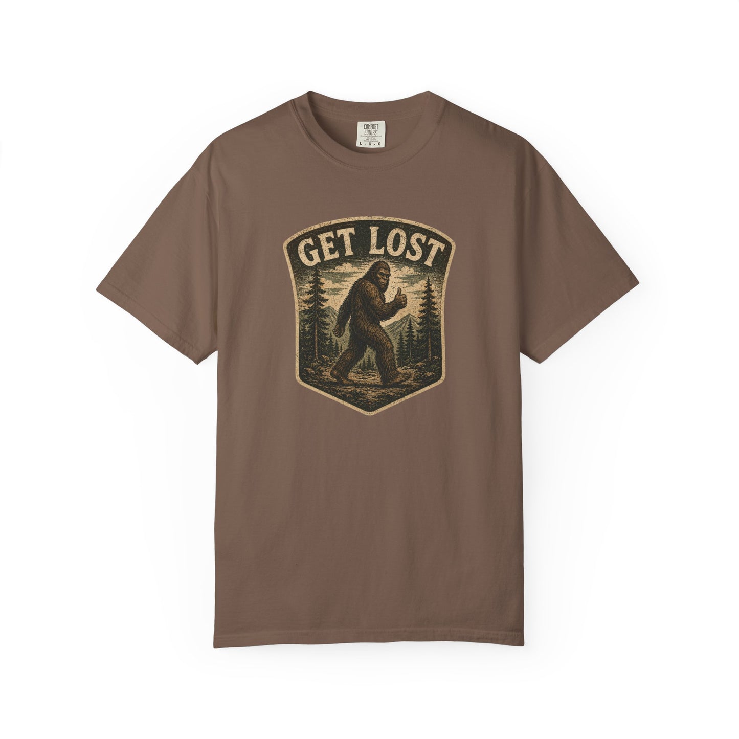 GET LOST Bigfoot Vintage Badge T-shirt — Retro Camping & Hiking Tee