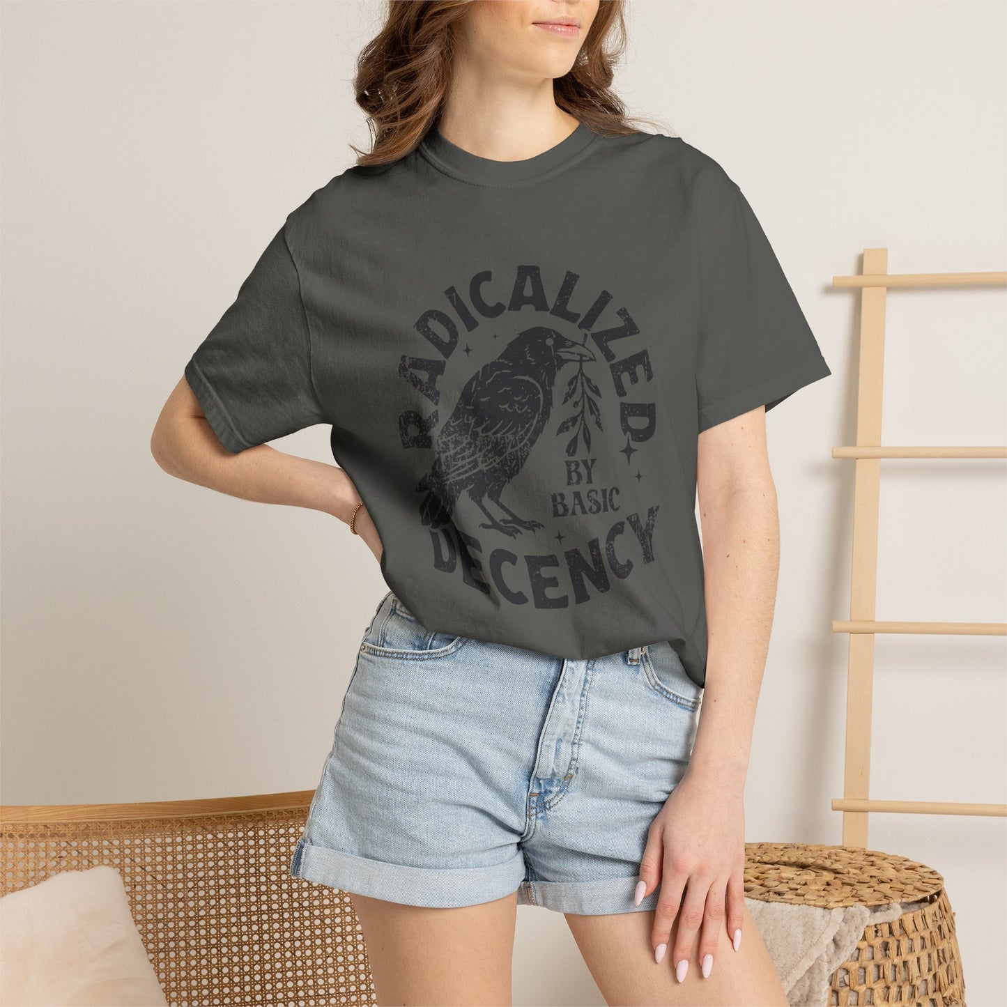 Radicalized by Basic Decency T-Shirt — Vintage Raven Distressed Graphic Tee