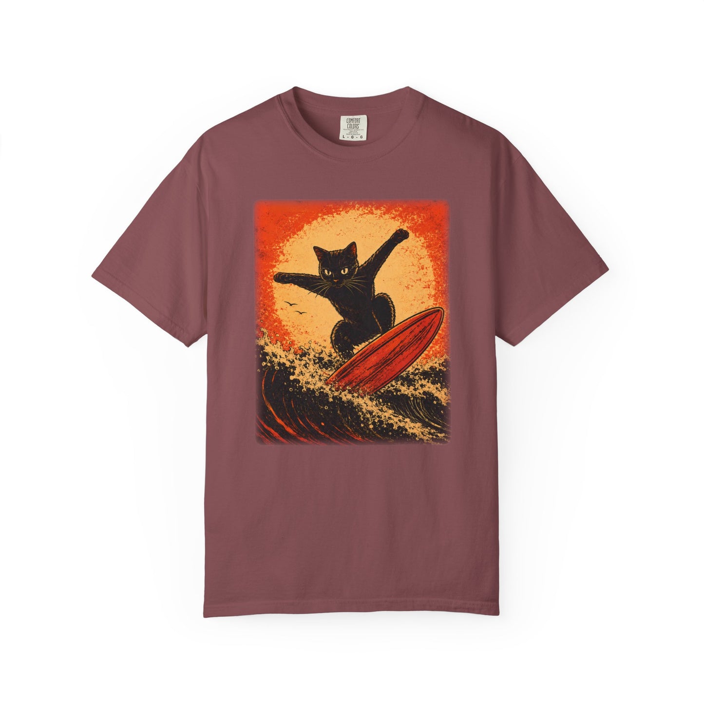 Retro Black Cat Surfing T-Shirt — Vintage Surf Poster Tee