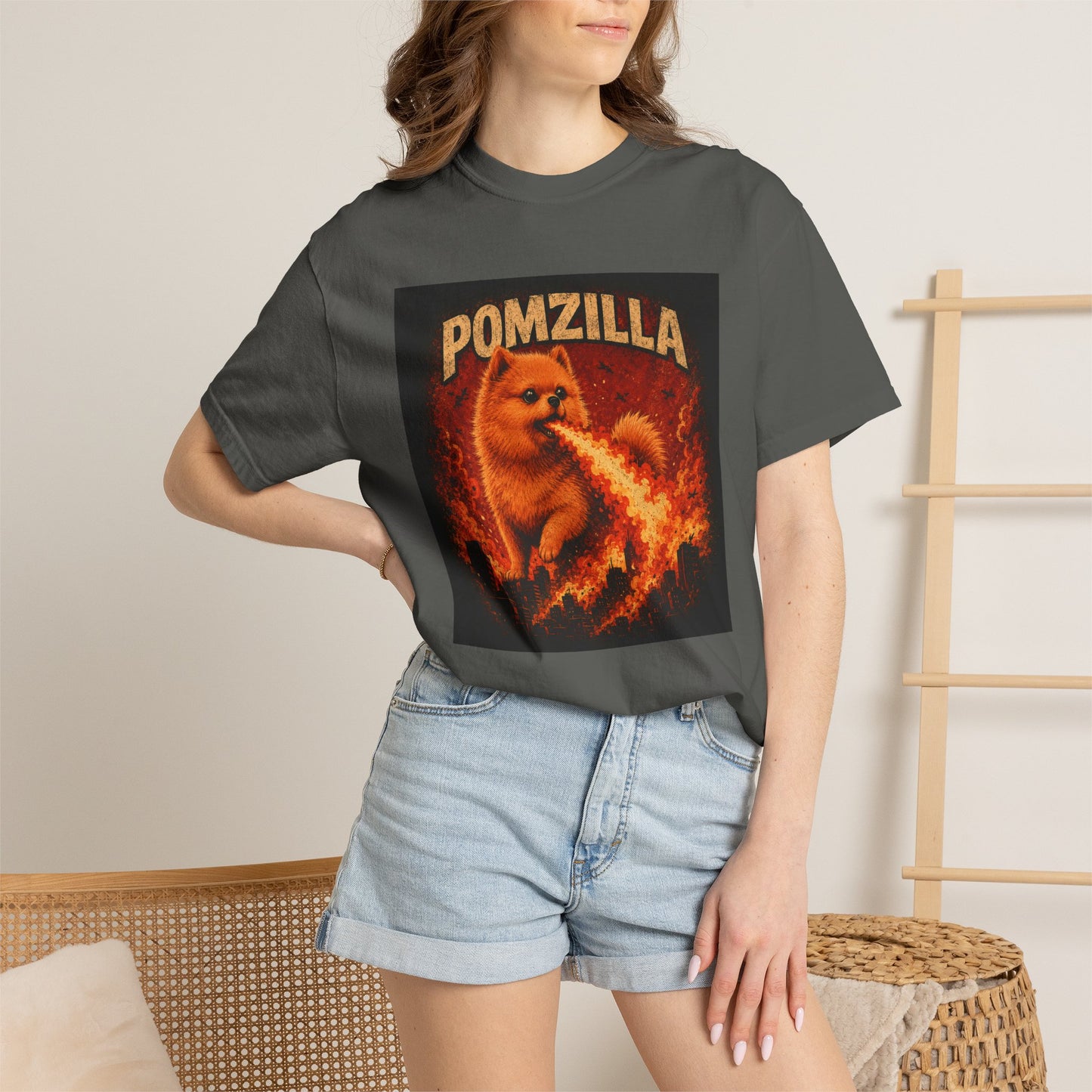 Pomzilla Funny Pomeranian Monster T-Shirt | Retro Kaiju Dog Graphic Tee | Vintage Fire-Breathing Pom Shirt