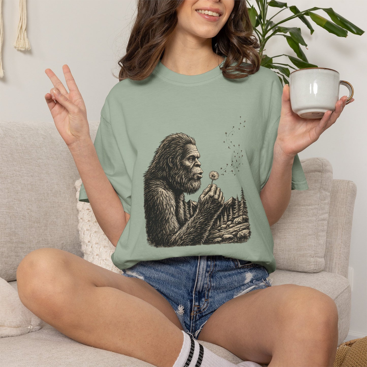 Bigfoot Blowing Dandelion Wish T-Shirt — Sasquatch Hiking Camper Tee