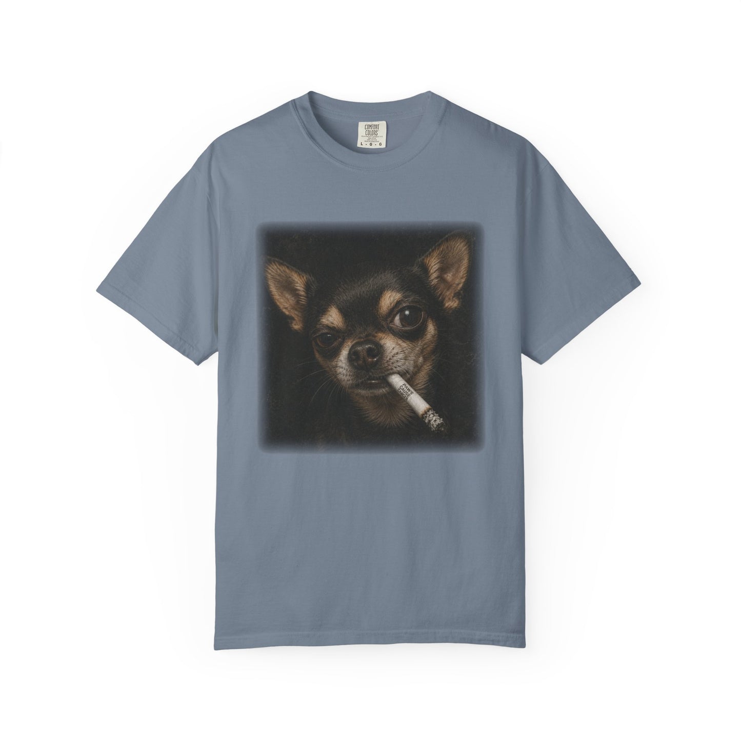 Tough Side-Eye Chihuahua T-Shirt — Distressed Photo Realistic ’Paws Cause Cancer’ Design