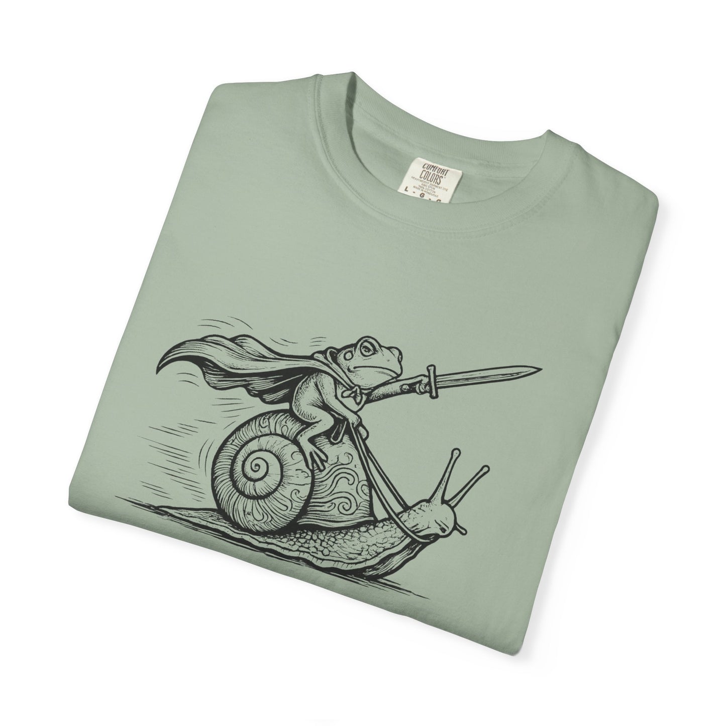 Frog Knight Riding Snail T-Shirt — "OFF TO GET SNACKS"