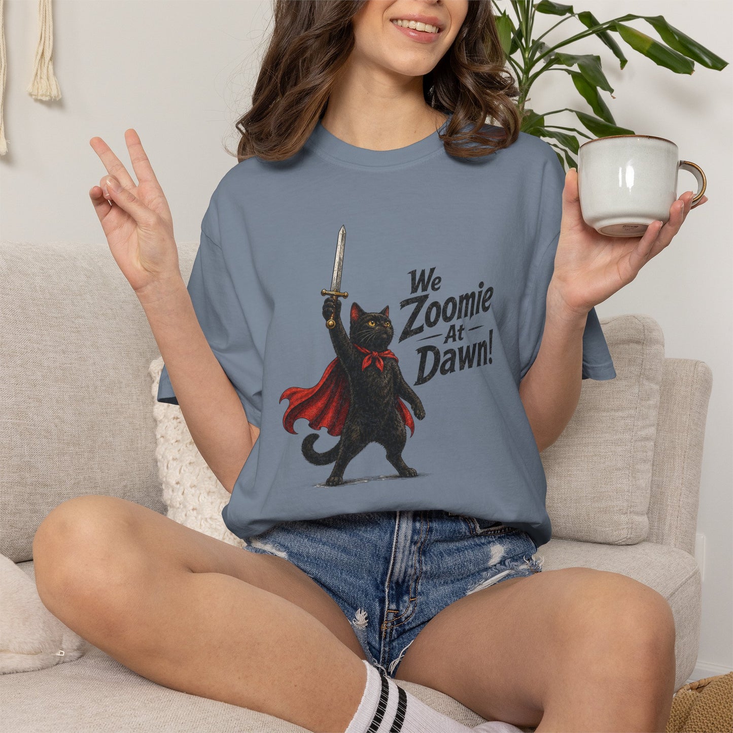 We Zoomie at Dawn Cat T-Shirt | Funny Black Cat Knight Graphic Tee | Comfort Colors Shirt