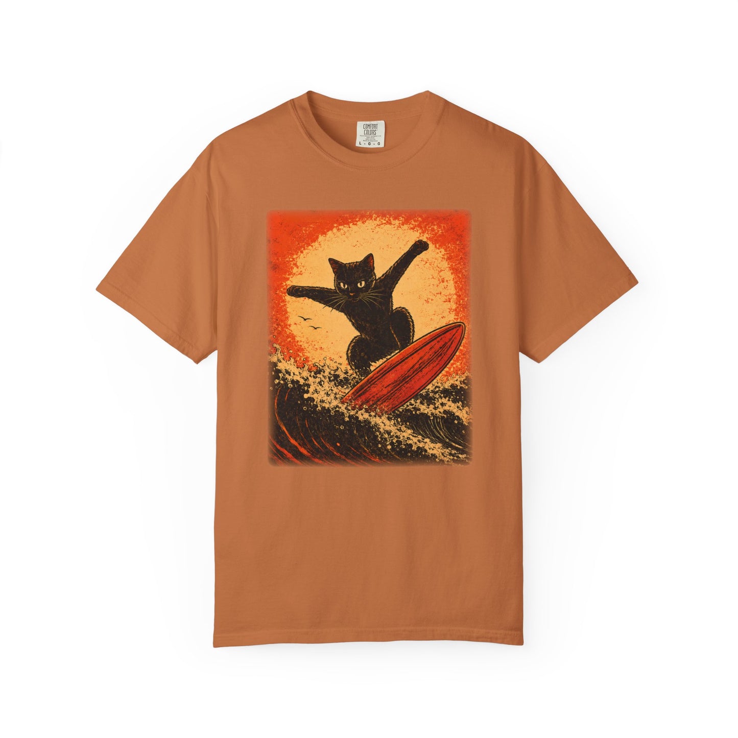 Retro Black Cat Surfing T-Shirt — Vintage Surf Poster Tee