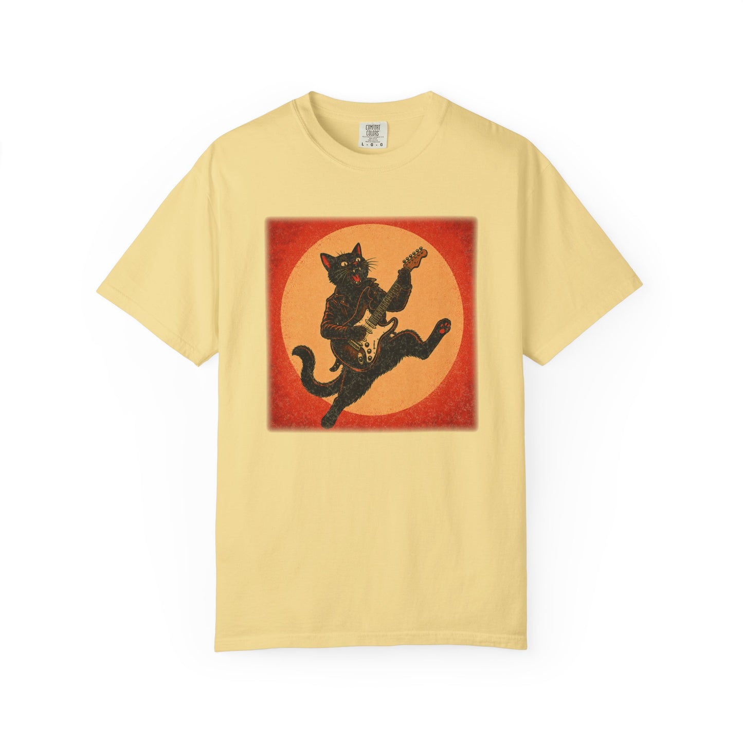Retro Distressed Black Cat Rocker T-Shirt — Jumping Guitar Vintage Tee