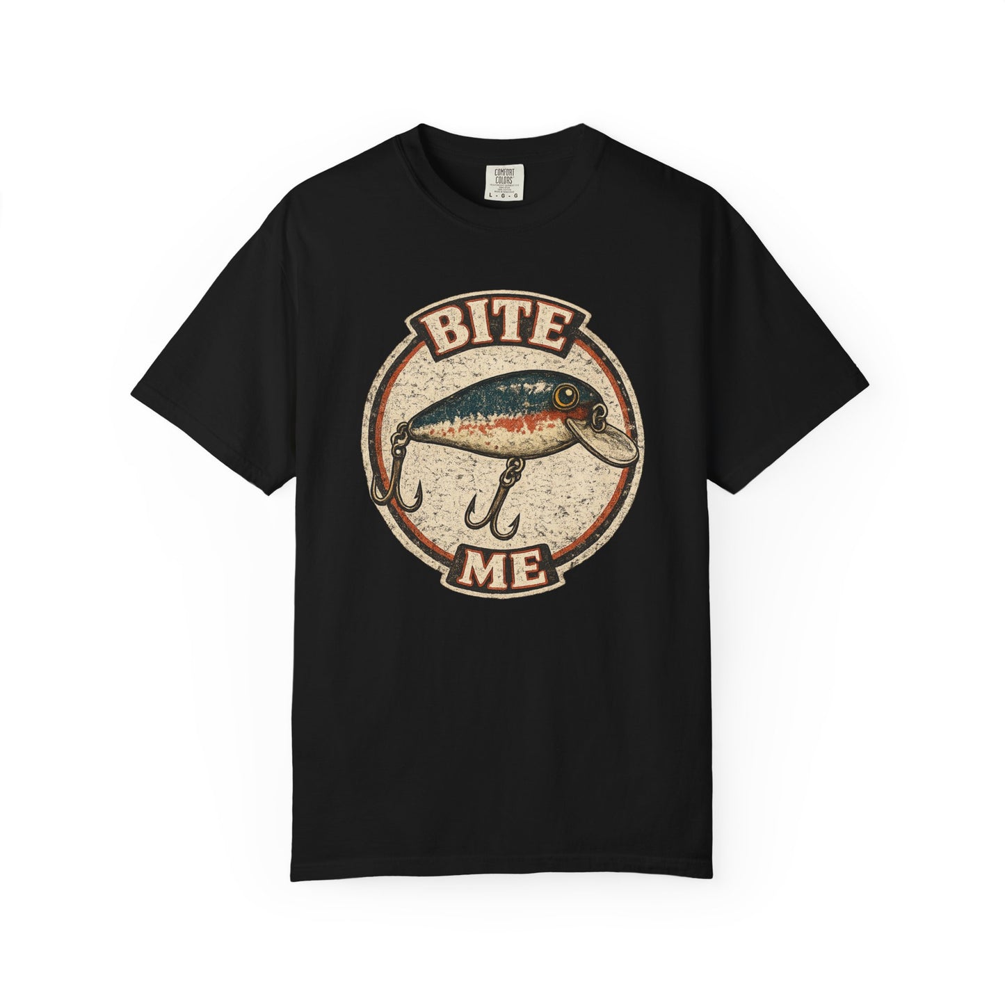 Vintage "Bite Me" Fishing Lure Badge T-Shirt