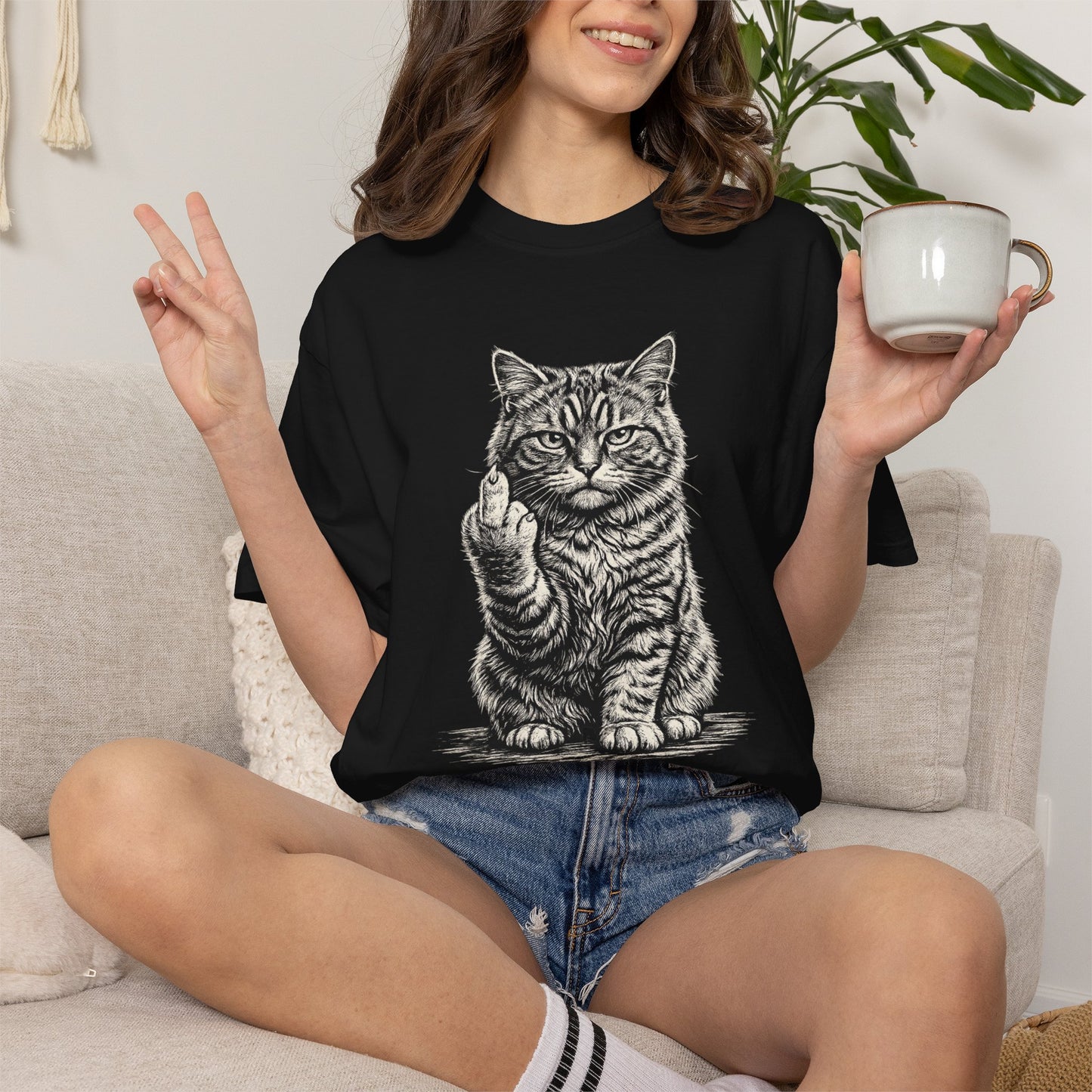 Saucy Cat Giving the Finger T-Shirt