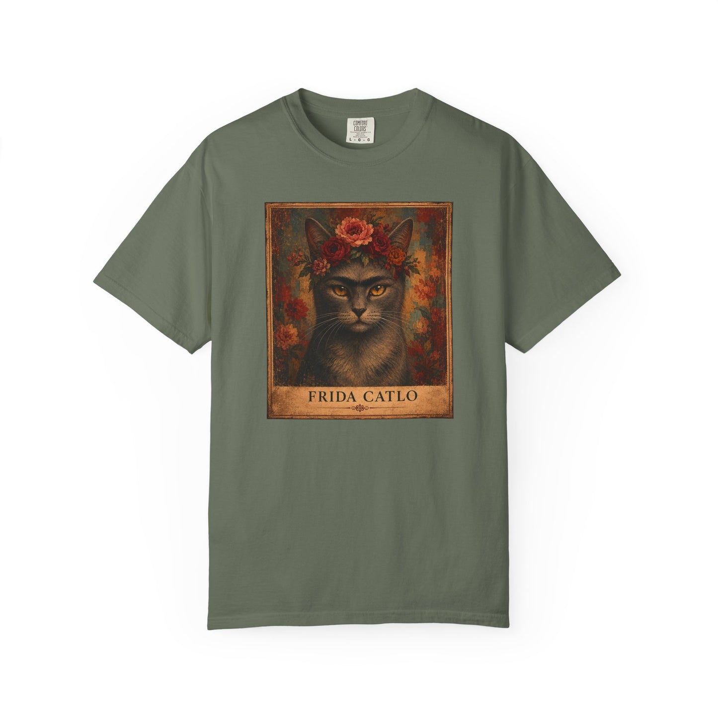 Frida Catlo Art Parody T-Shirt — Funny Frida Kahlo Cat with Flower Crown