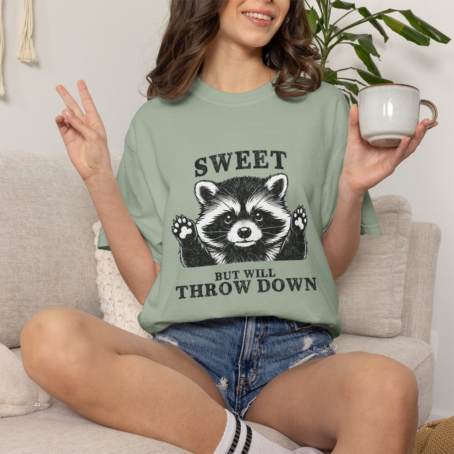 Funny Raccoon Tee — "Sweet, But Will Throw Down"