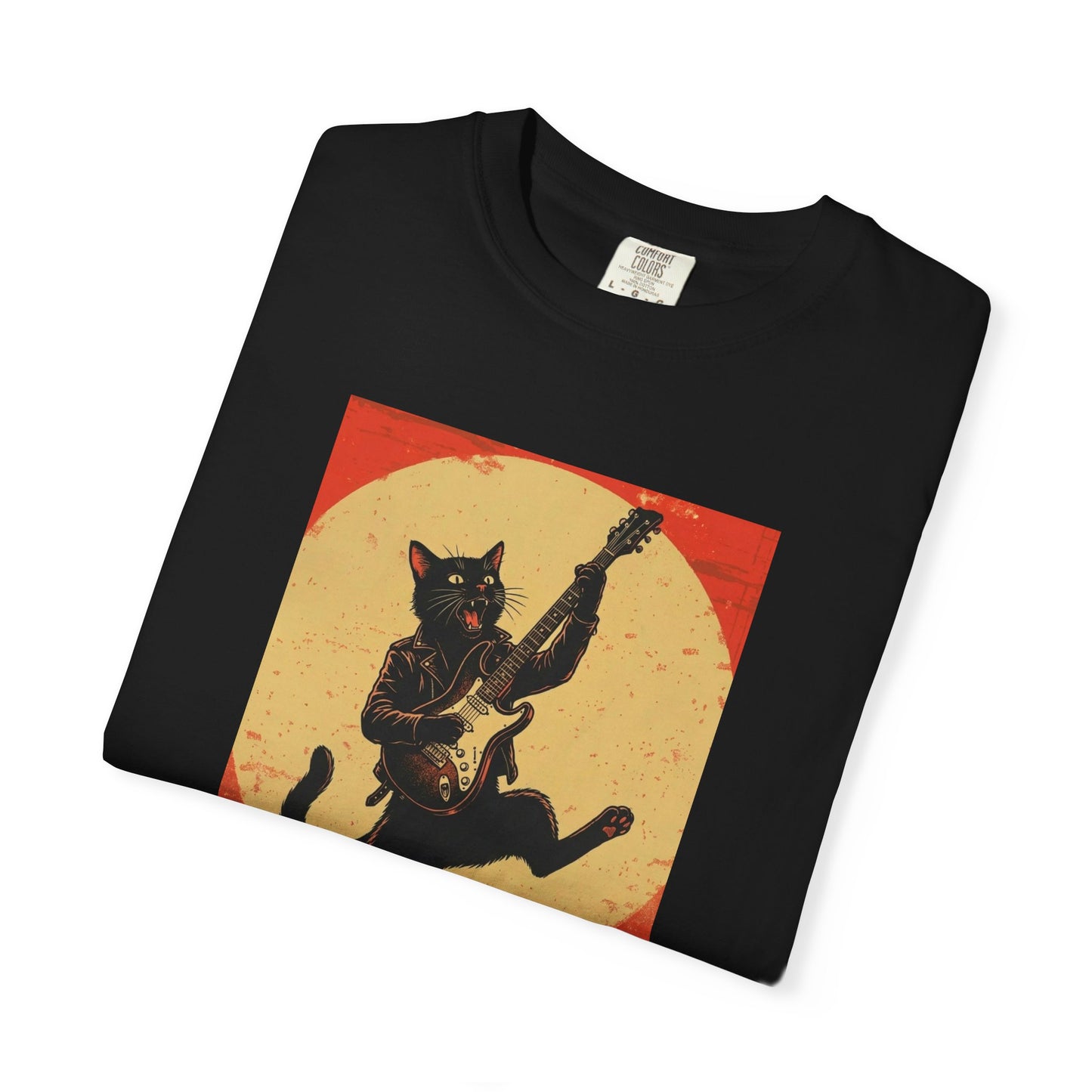 Retro Distressed Black Cat Rocker T-Shirt — Jumping Guitar Vintage Tee