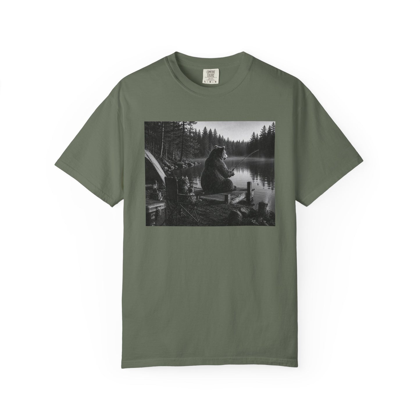 Campground Bear & Cat Fishing T-Shirt — Daytime Camping Scene, 'Coffee & Catch'