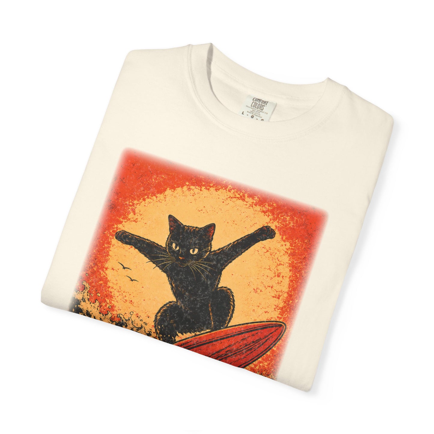 Retro Black Cat Surfing T-Shirt — Vintage Surf Poster Tee