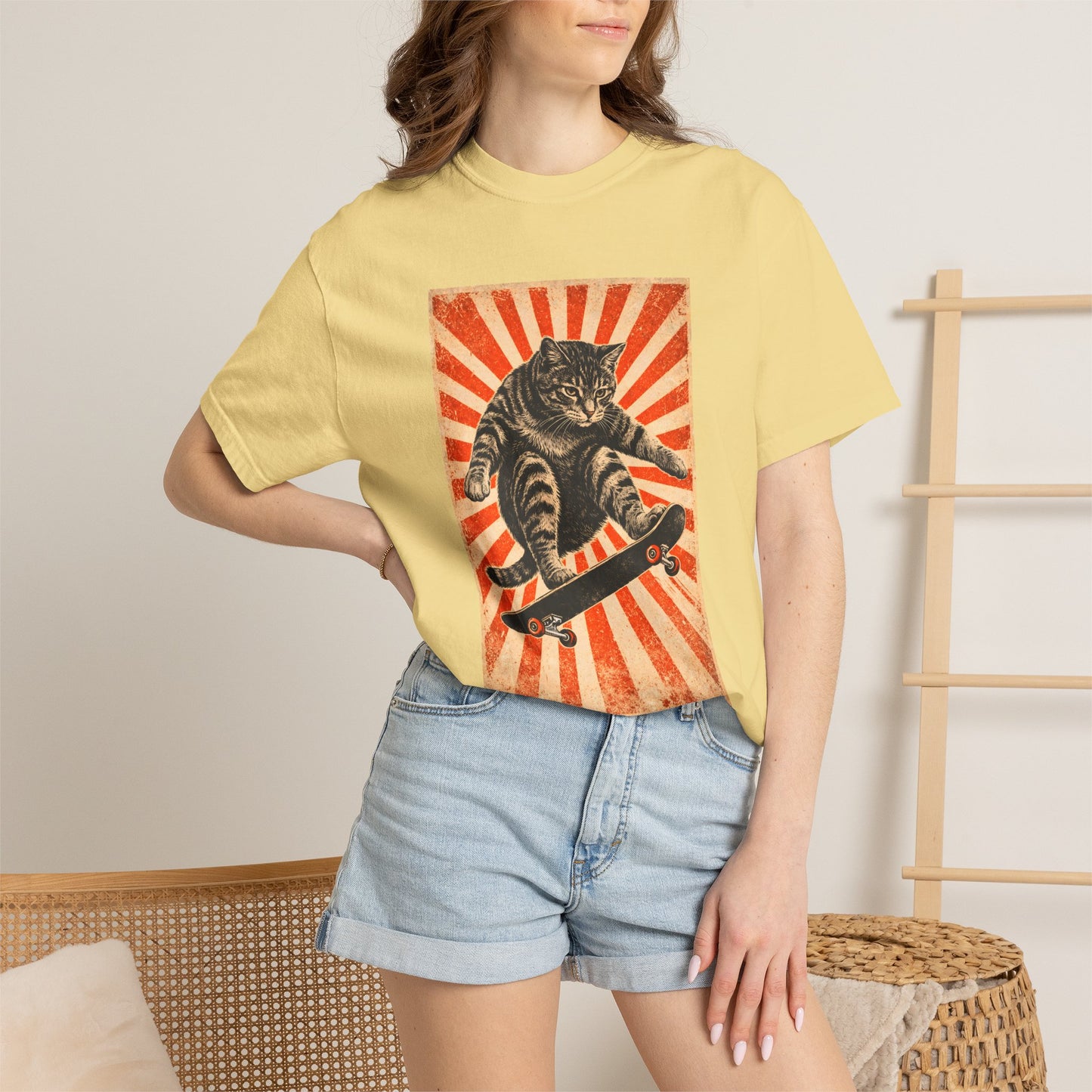 Skateboarding Cat Graphic T-Shirt | Retro Sunburst Skateboard Tee