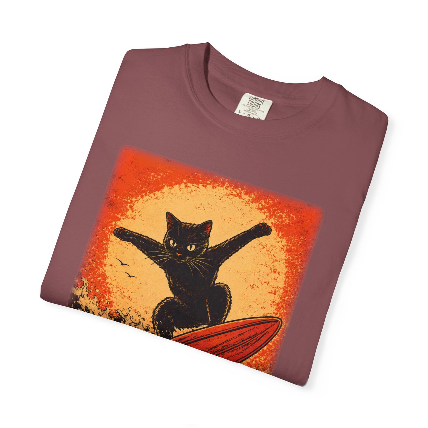 Retro Black Cat Surfing T-Shirt — Vintage Surf Poster Tee