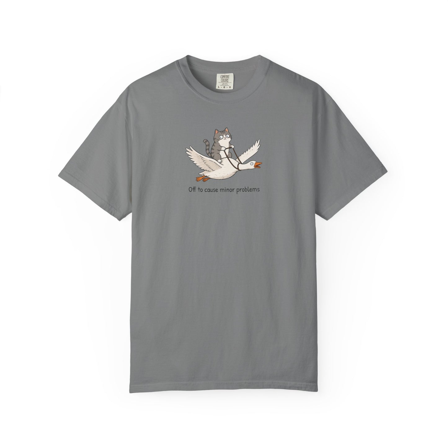 Off to Cause Minor Problems Shirt | Funny Cat Riding Goose Graphic Tee | Cute Comfort Colors® T-Shirt