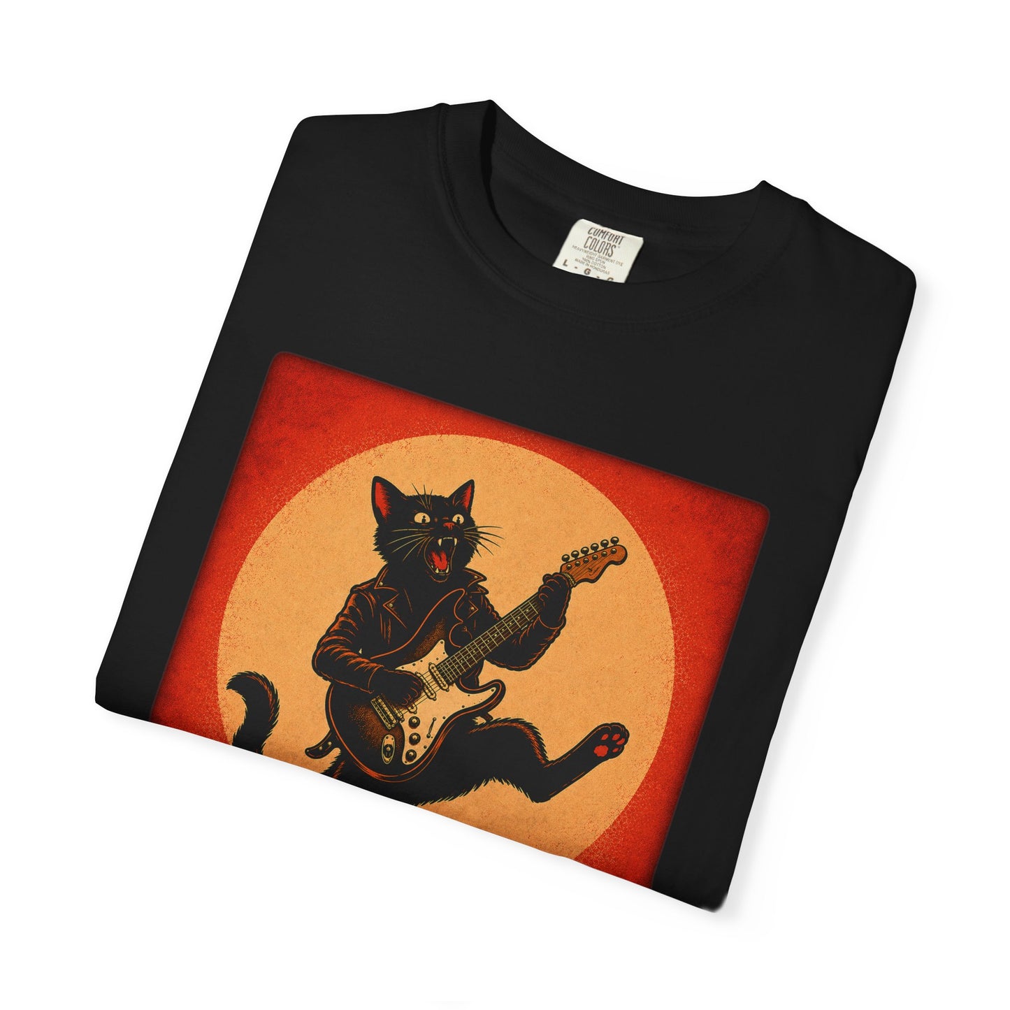 Retro Distressed Black Cat Rocker T-Shirt — Jumping Guitar Vintage Tee