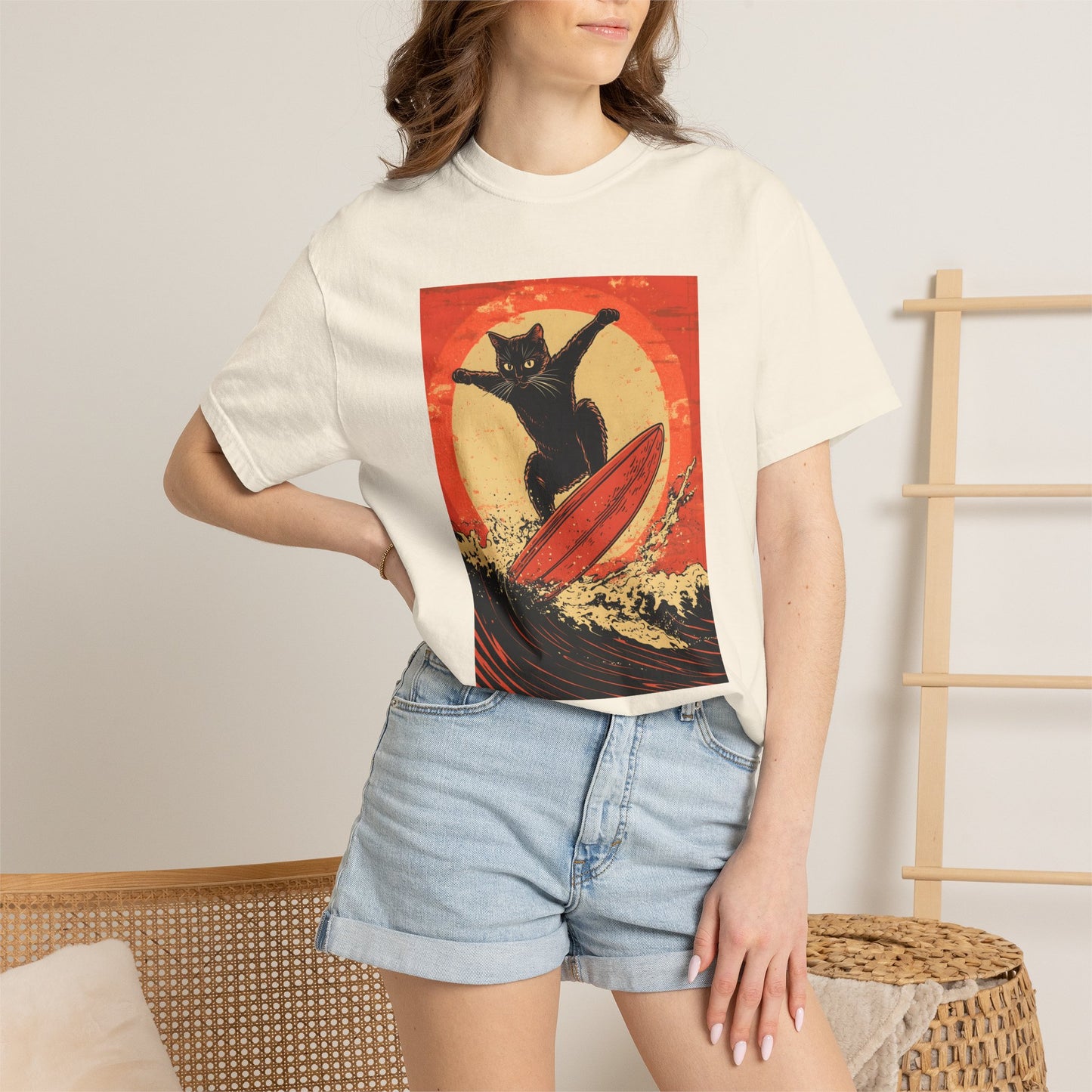 Retro Black Cat Surfing T-Shirt — Vintage Surf Poster Tee