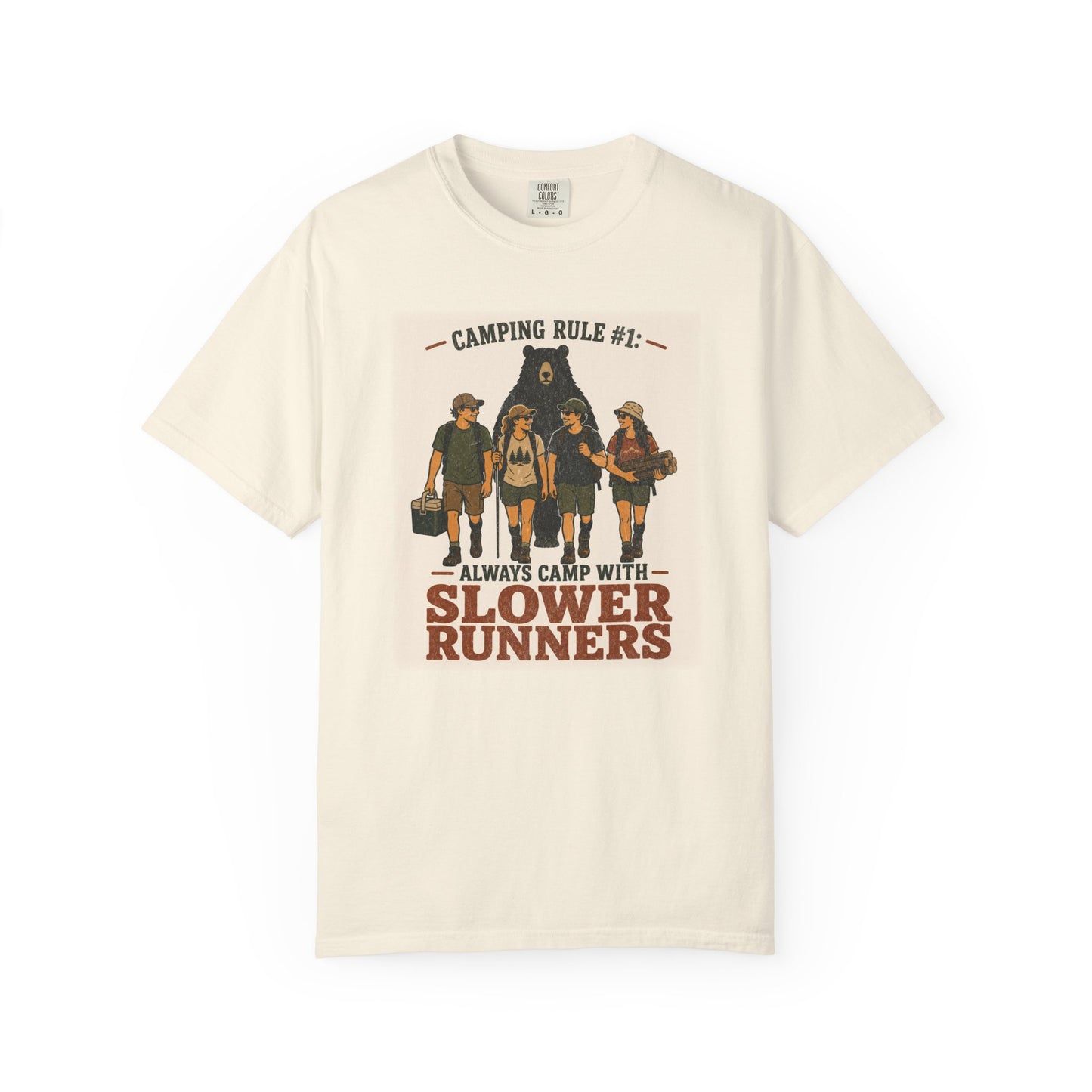 Camping Rule T-Shirt — “Always Camp with Slower Runners” Vintage Outdoor Tee