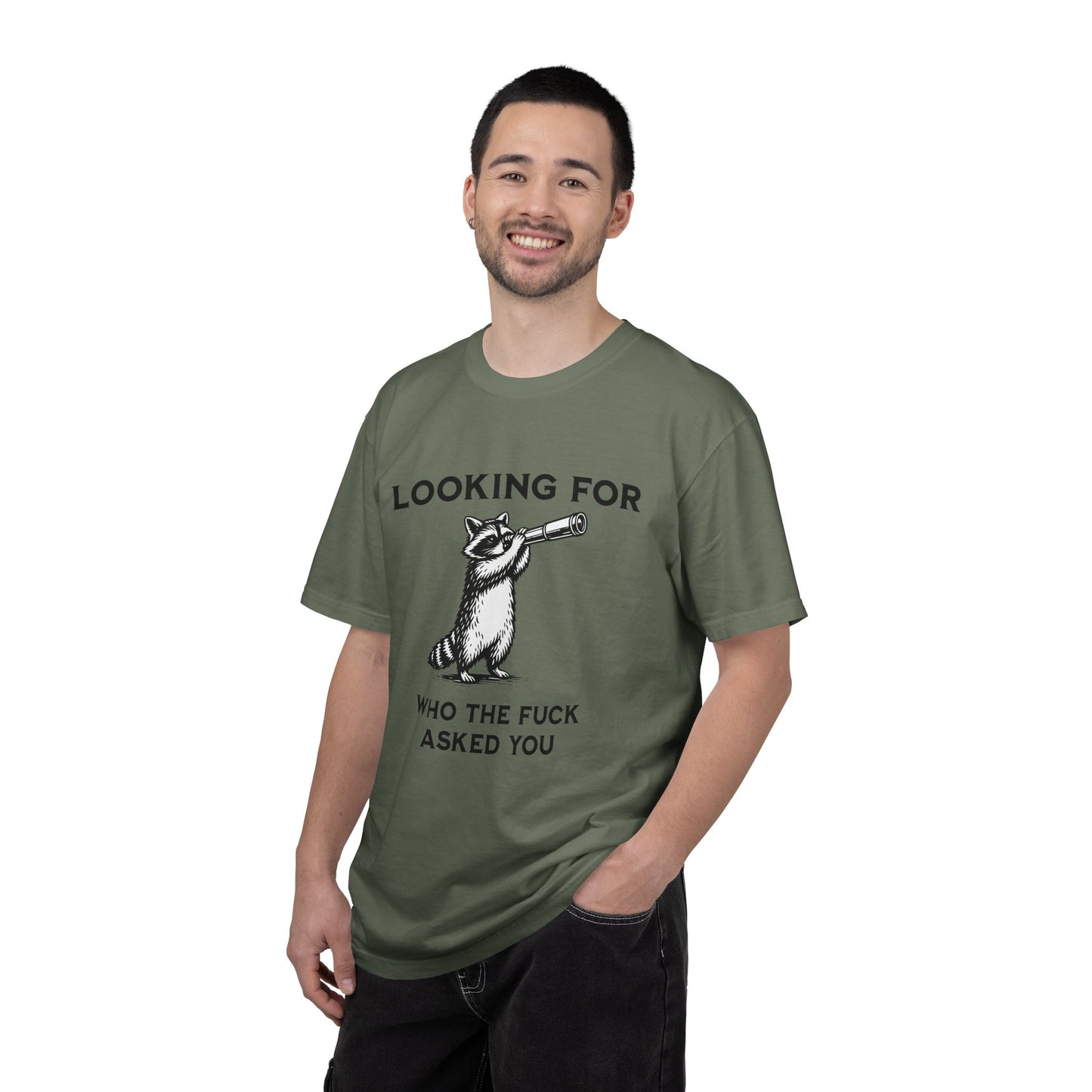 Raccoon Telescope T-Shirt — "Looking for Who the F*** Asked You" Funny Graphic Tee