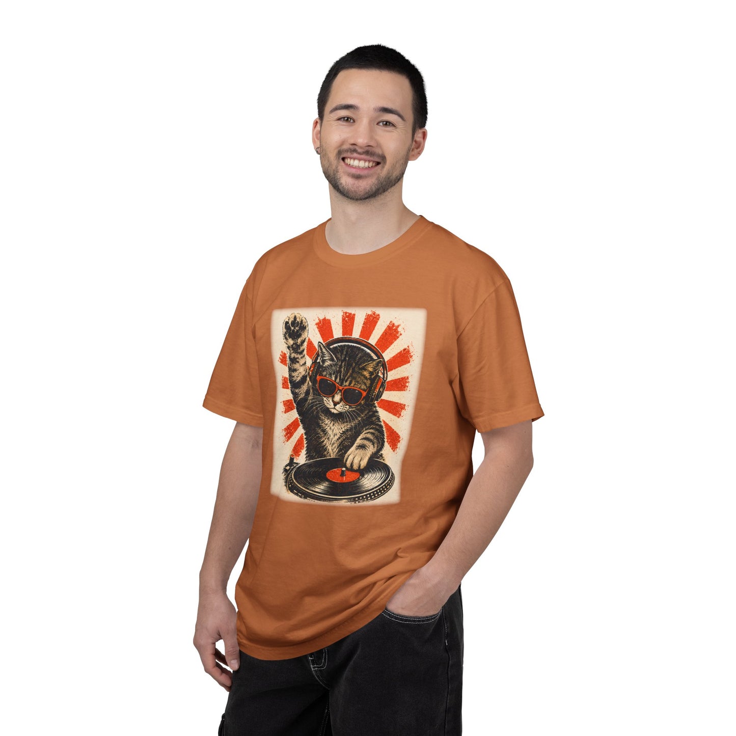 Retro DJ Cat T-Shirt — Vintage Sunburst Distressed Poster Design