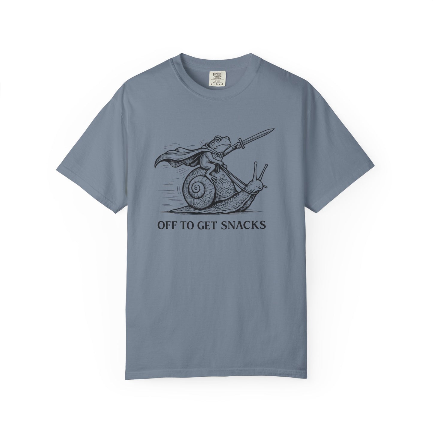 Frog Knight Riding Snail T-Shirt — "OFF TO GET SNACKS"