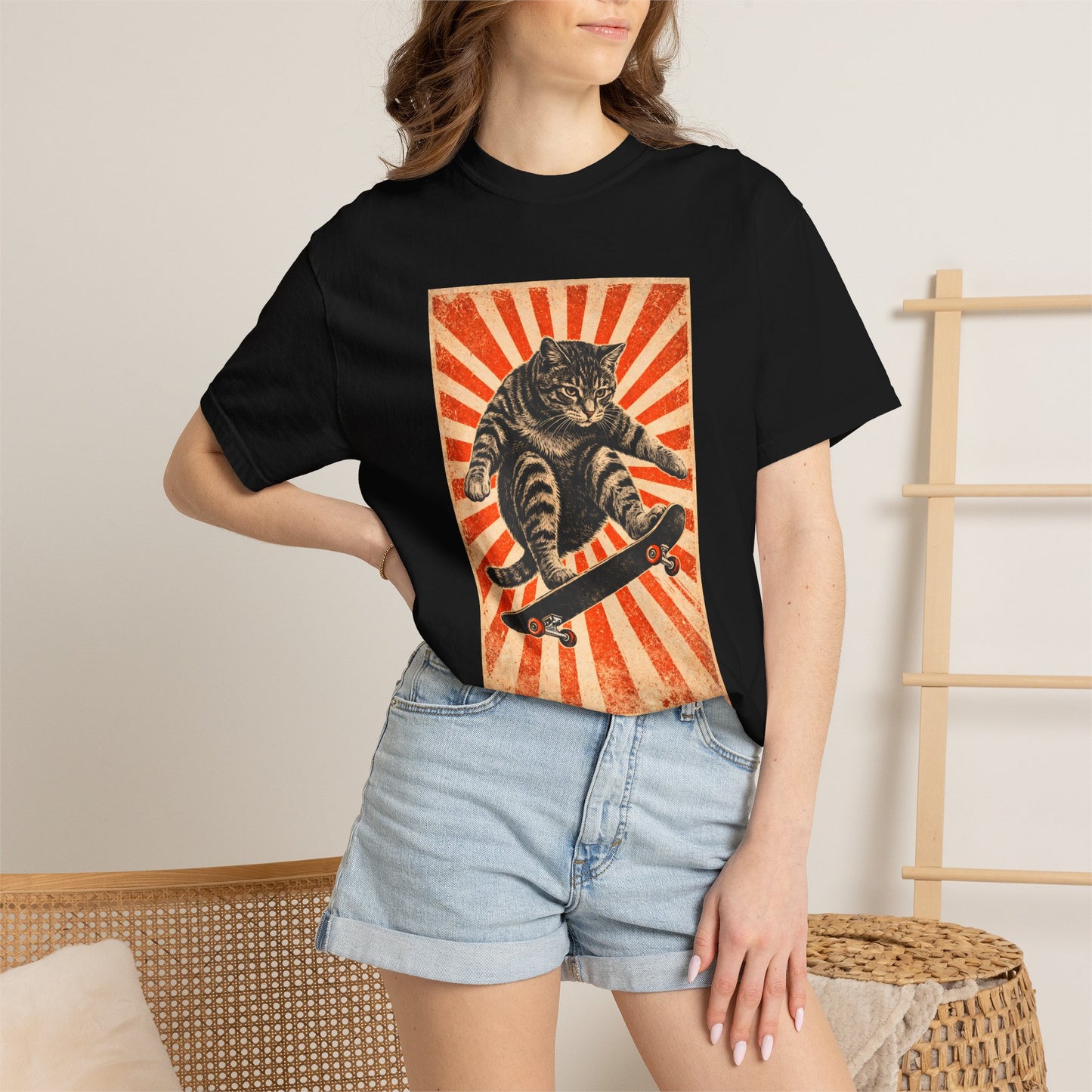 Skateboarding Cat Graphic T-Shirt | Retro Sunburst Skateboard Tee