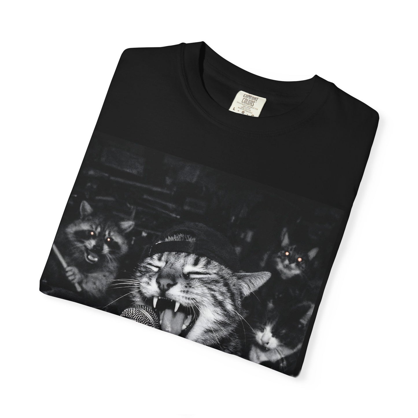 Garage Band Cat T-Shirt – Funny Rock Band Cat Tee – Vintage Punk Animal Shirt – Raccoon & Cat Graphic Tee – Unisex Music Lover Shirt