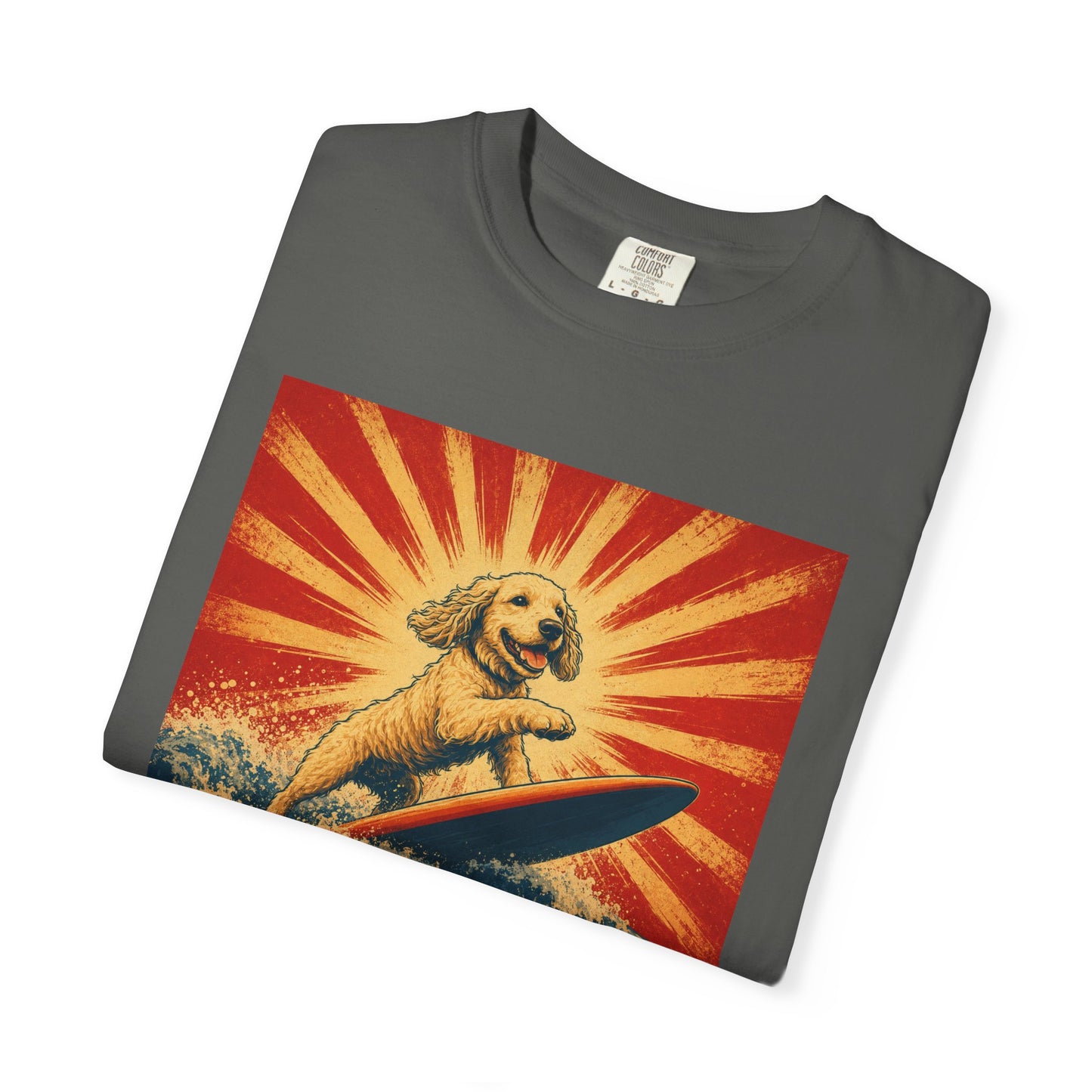 Retro Surfing Doodle Dog T-Shirt | Vintage Beach Dog Graphic Tee | Funny Coastal Summer Shirt