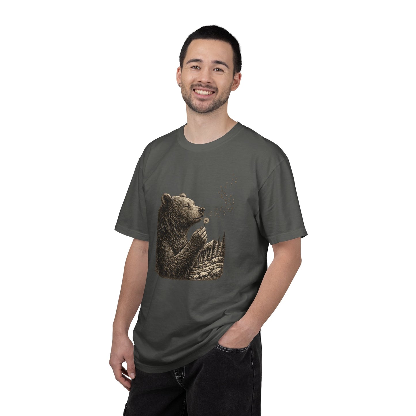 Bear Blowing Dandelion T-Shirt — Outdoor Enthusiast Woodland Nature Graphic Tee