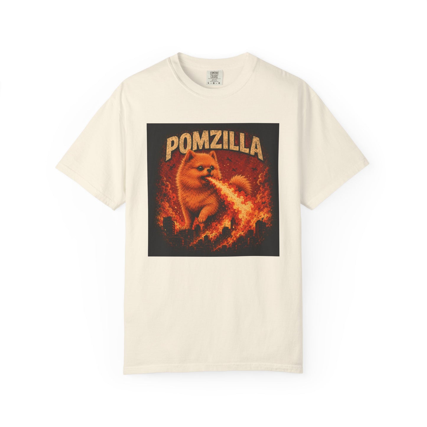 Pomzilla Funny Pomeranian Monster T-Shirt | Retro Kaiju Dog Graphic Tee | Vintage Fire-Breathing Pom Shirt