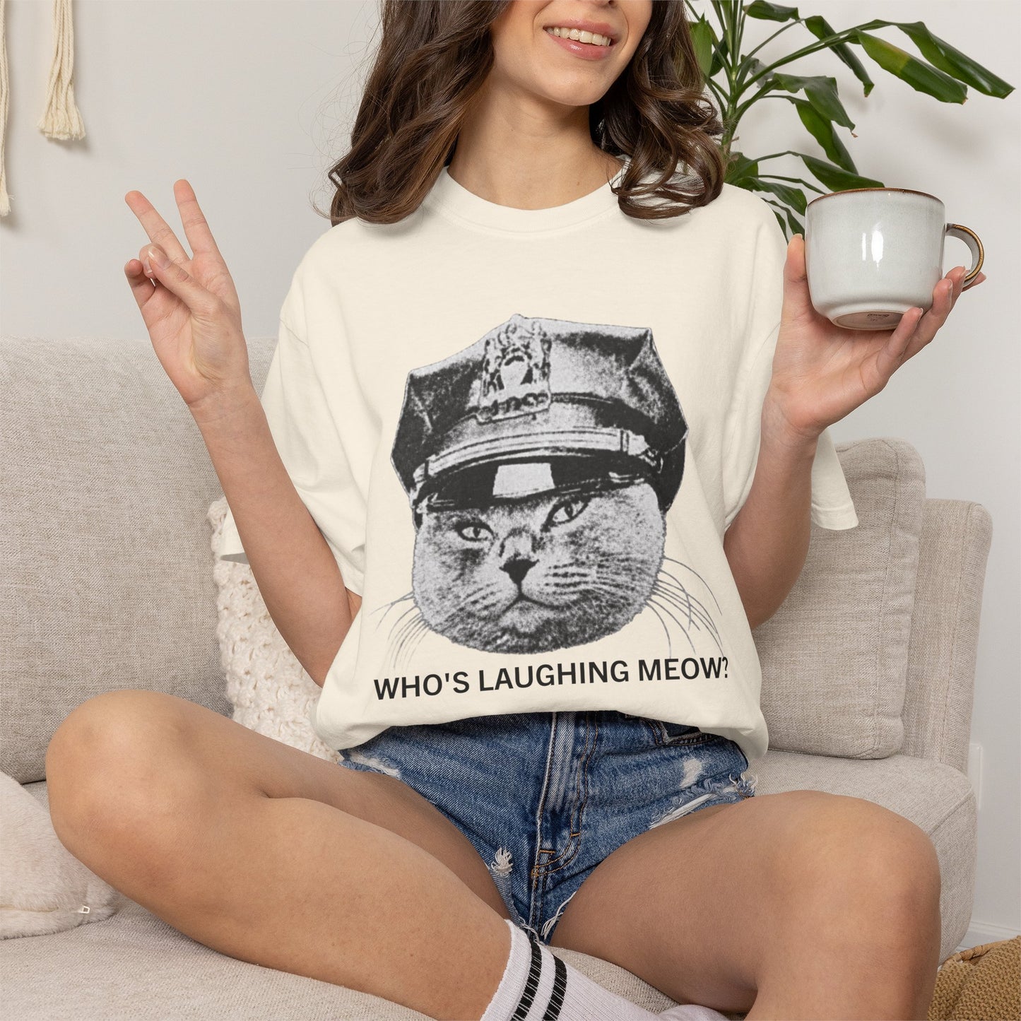 Who's Laughing Meow? Funny Cat Police Shirt | Vintage Grumpy Cat Graphic Tee | Comfort Colors® T-Shirt